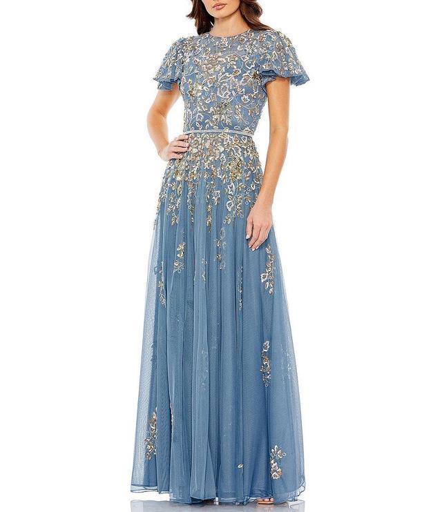 Mac Duggal Sequin Embellished Short Butterfly Sleeve Crew Neck Gown Product Image