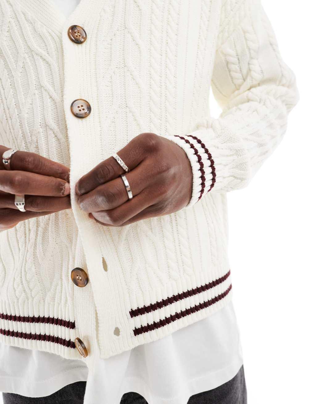 ASOS DESIGN boxy relaxed cable knit cardigan in cream with burgundy tipping Product Image