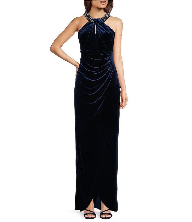 Ignite Evenings Velvet Keyhole Halter Neck Sleeveless Cascade Ruffle Gown Product Image