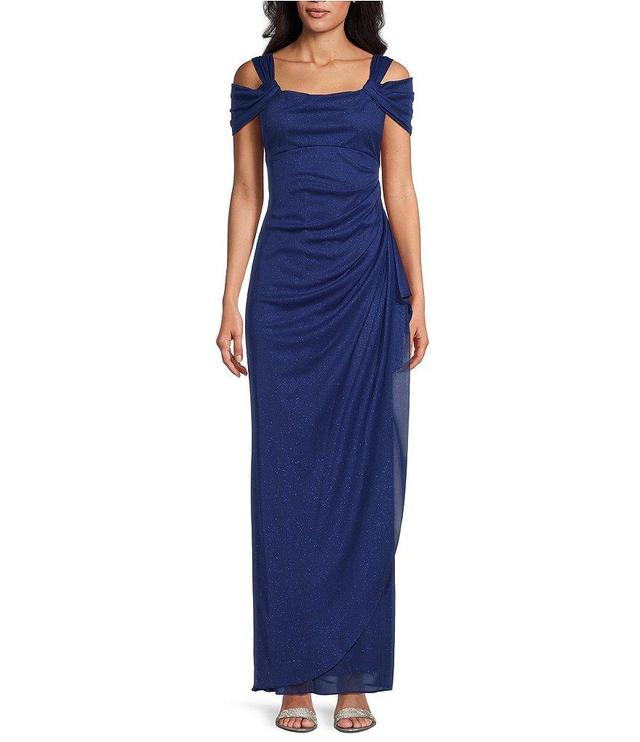 Alex Evenings Petite Size Cowl Square Neck Cap Sleeve Cold Shoulder Ruched Side Glitter Mesh Gown Product Image