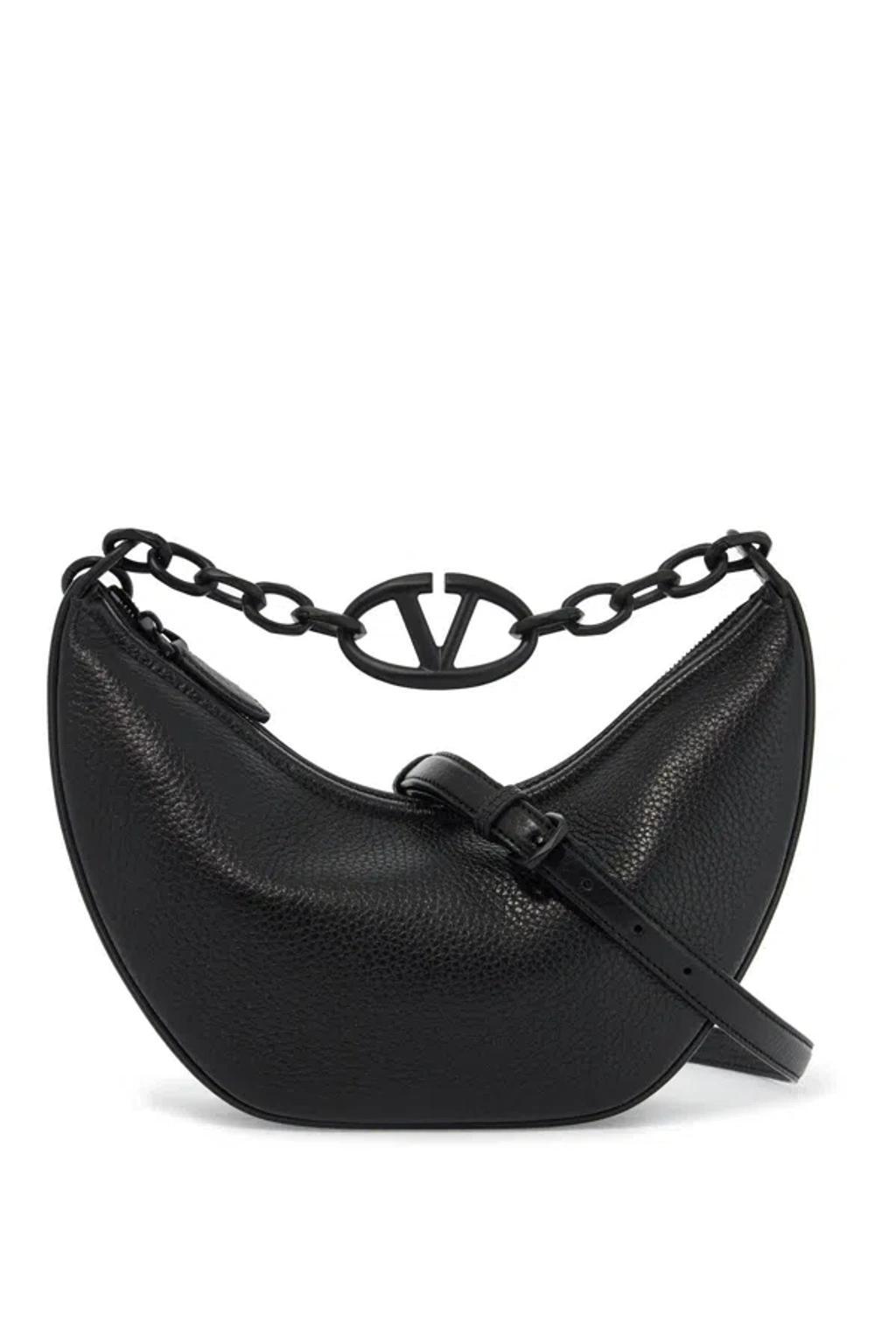 VALENTINO GARAVANI Small Vlogo Moon Bag Hobo In Hammered Leather In Black Product Image