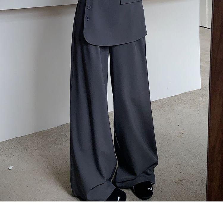 High Rise Mock Two-Piece Plain Buttoned Wide Leg Dress Pants Product Image