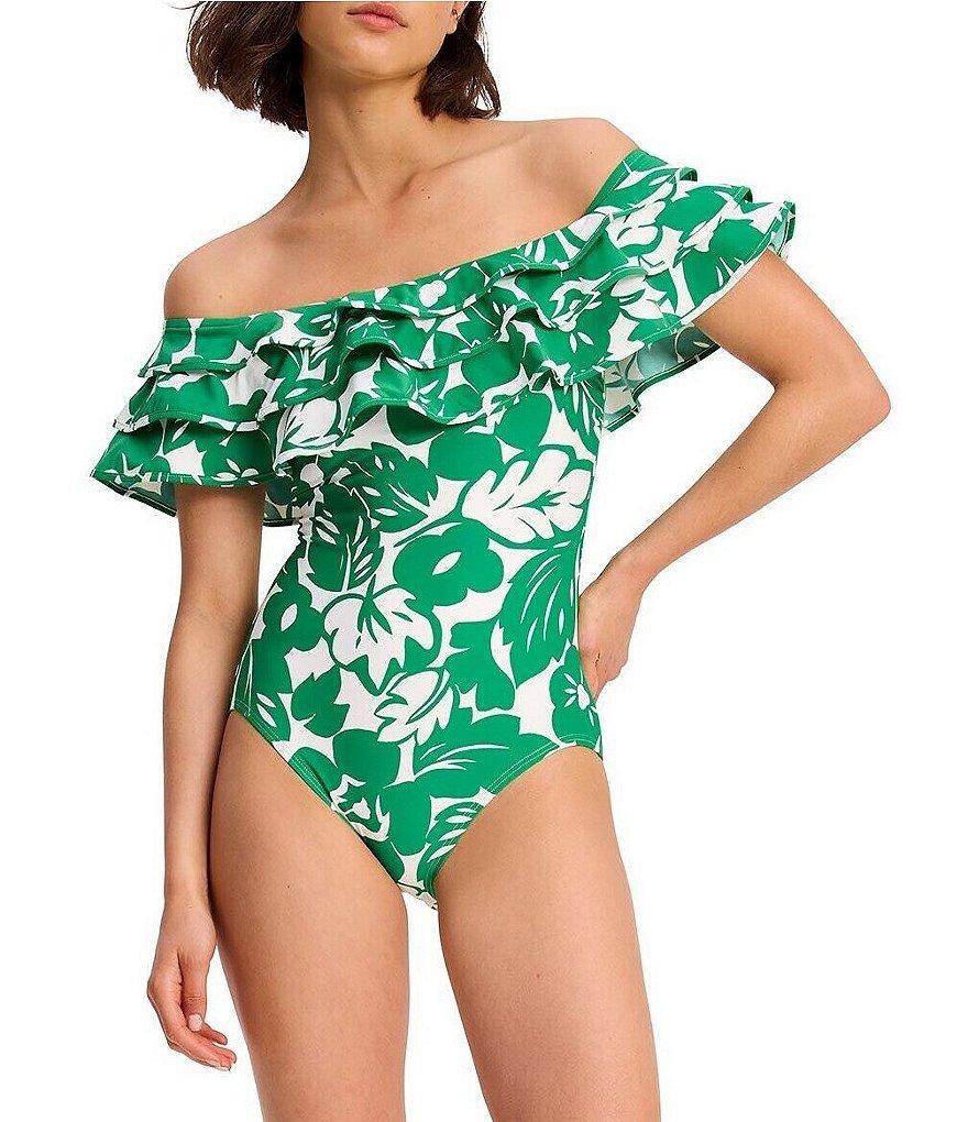 kate spade new york Tropical Print Off-the-Shoulder Triple Ruffle One Piece Swimsuit Product Image