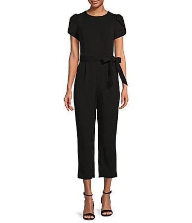 Calvin Klein Short Sleeve Crew Neck Tie Waist Scuba Crepe Jumpsuit Product Image