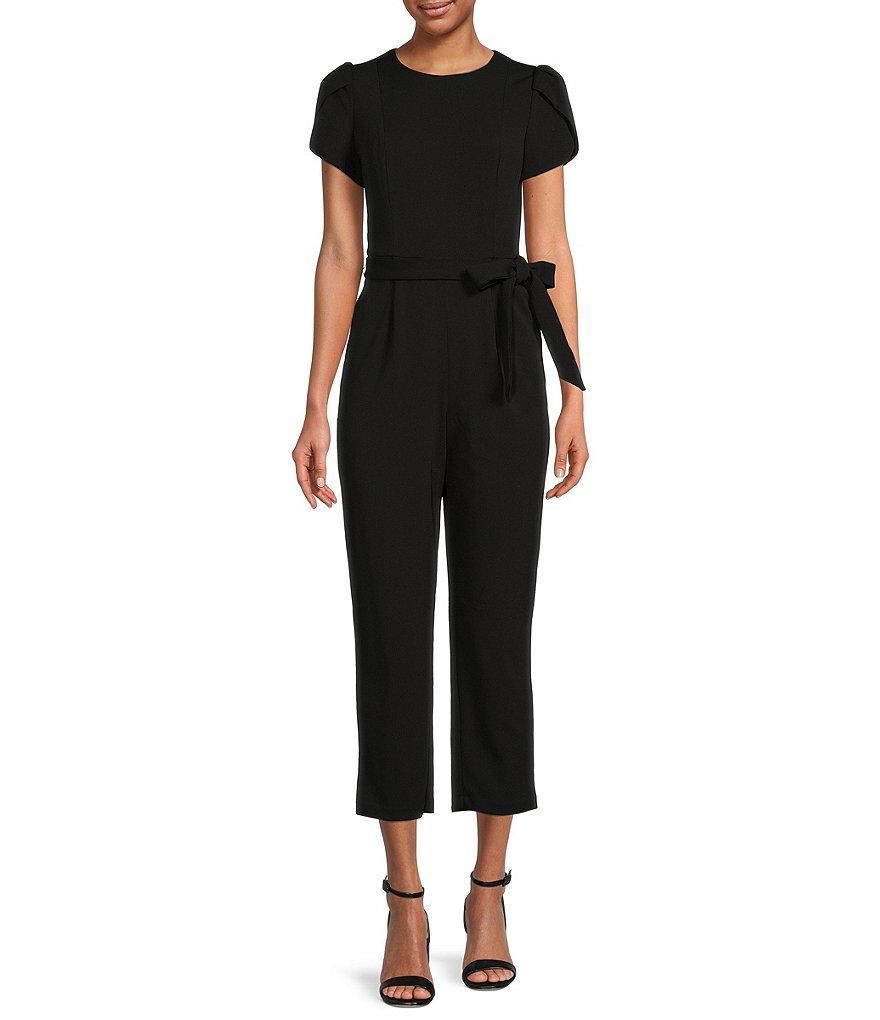 Calvin Klein Short Sleeve Crew Neck Tie Waist Scuba Crepe Jumpsuit Product Image