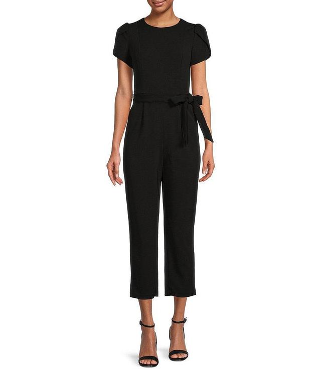 Calvin Klein Short Sleeve Crew Neck Tie Waist Scuba Crepe Jumpsuit Product Image