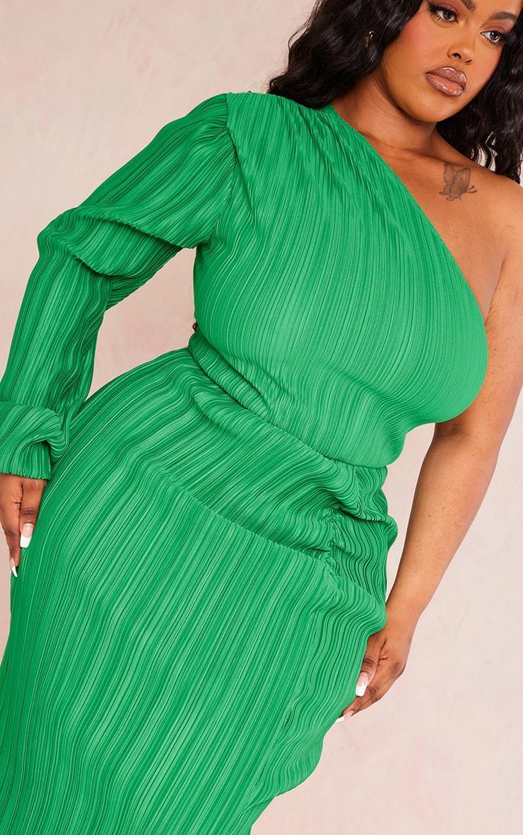 Plus Bright Green Plisse One Shoulder Ruched Midaxi Dress Product Image