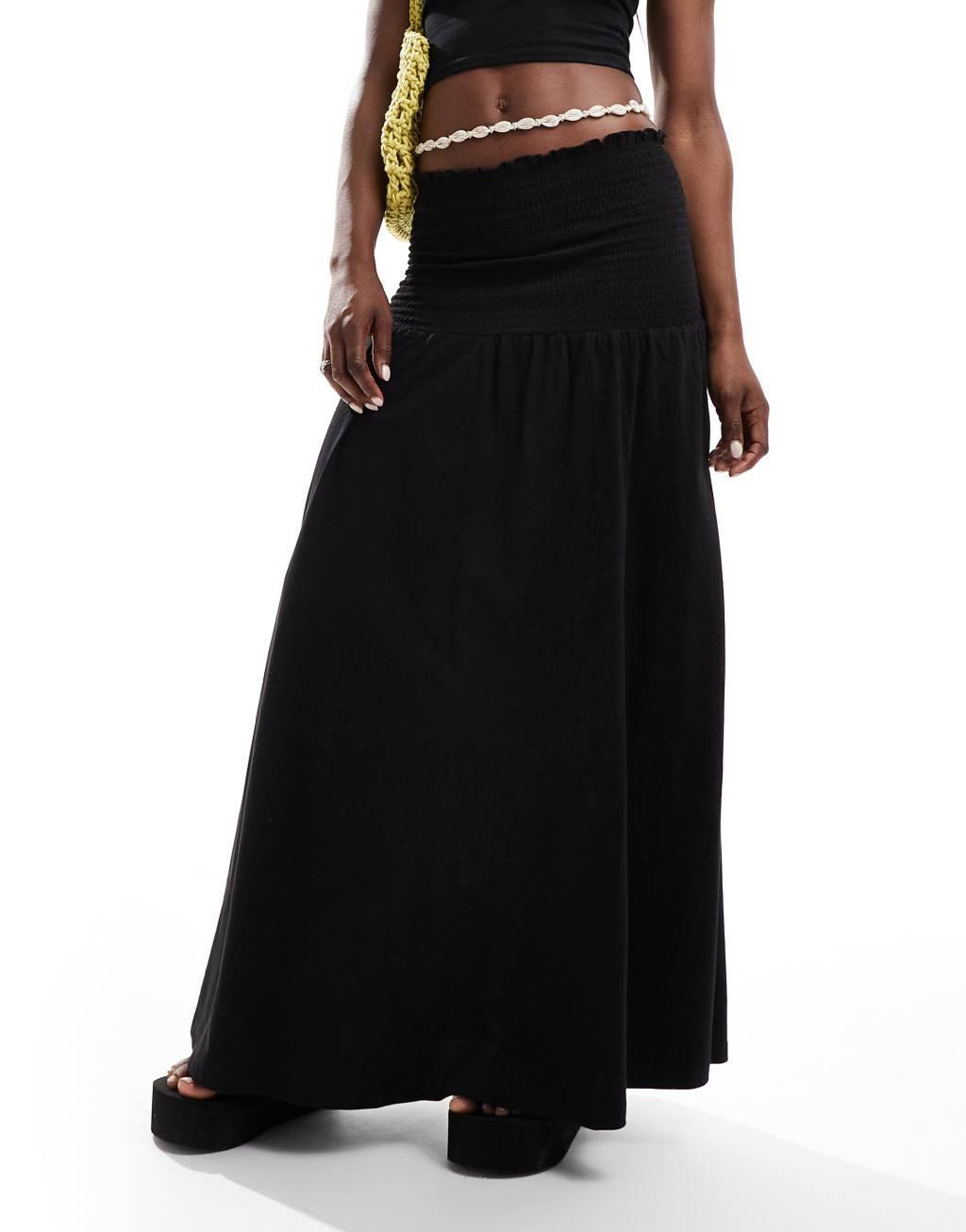 ASOS DESIGN shirred waist low rise maxi skirt in black Product Image