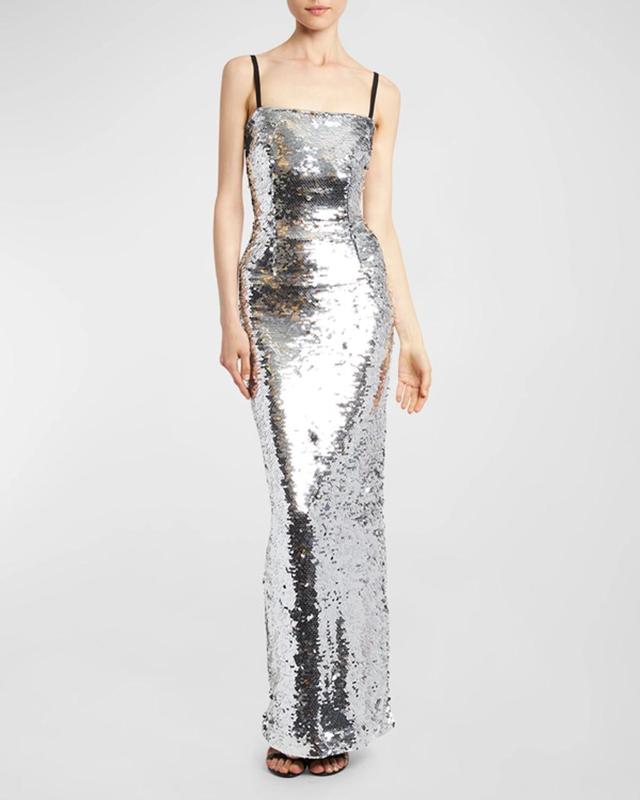 Long Sequin-embellished Column Dress In Silver Product Image