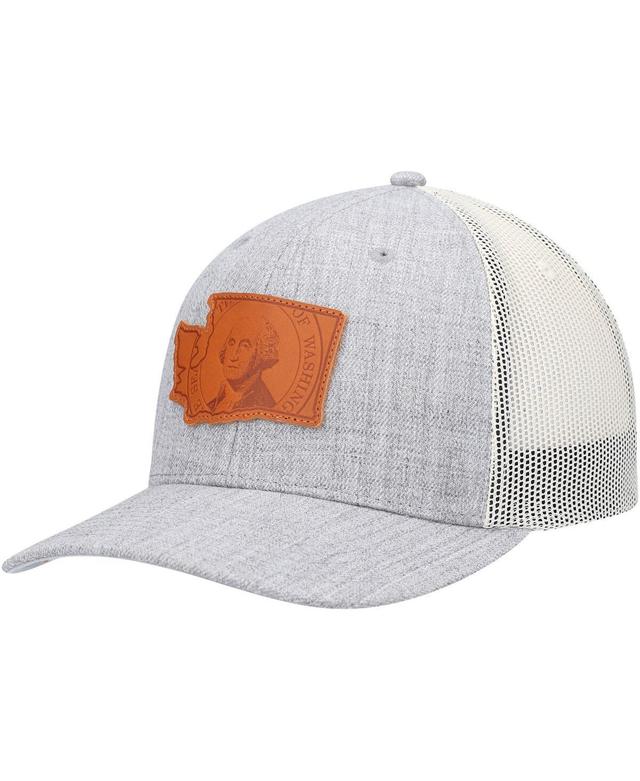 Mens Local Crowns Heather Gray Washington Leather State Patch Trucker Snapback Hat Product Image