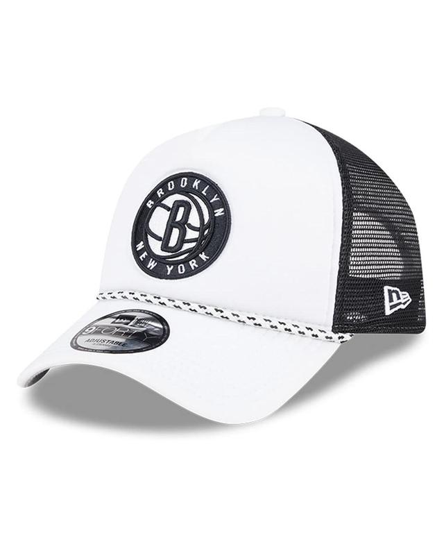 New Era Mens White Brooklyn Nets Court Sport Foam A-Frame 9FORTY Adjustable Trucker Hat - White, Black Product Image