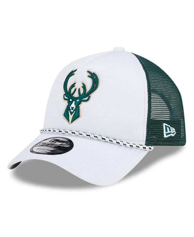 New Era Mens White Milwaukee Bucks Court Sport Foam A-Frame 9FORTY Adjustable Trucker Hat - White, Hunter Green Product Image