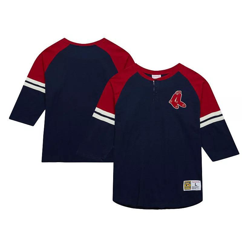 Mens Mitchell & Ness Boston Red Sox Cooperstown Collection Legendary Raglan Slub Henley 3/4-Sleeve T-Shirt Blue Product Image