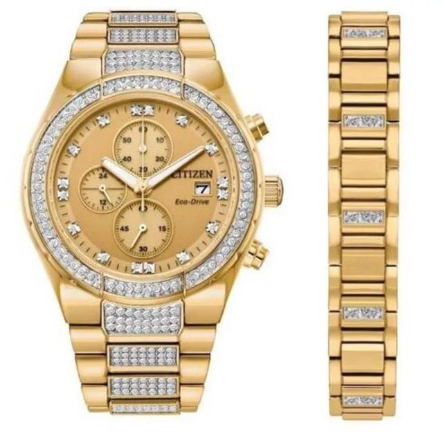 Men's Citizen Eco-DriveÂ® Crystal Accent Gold-Tone Watch and Link Chain Bracelet Box Set (Model: Ca0752-66P) Product Image