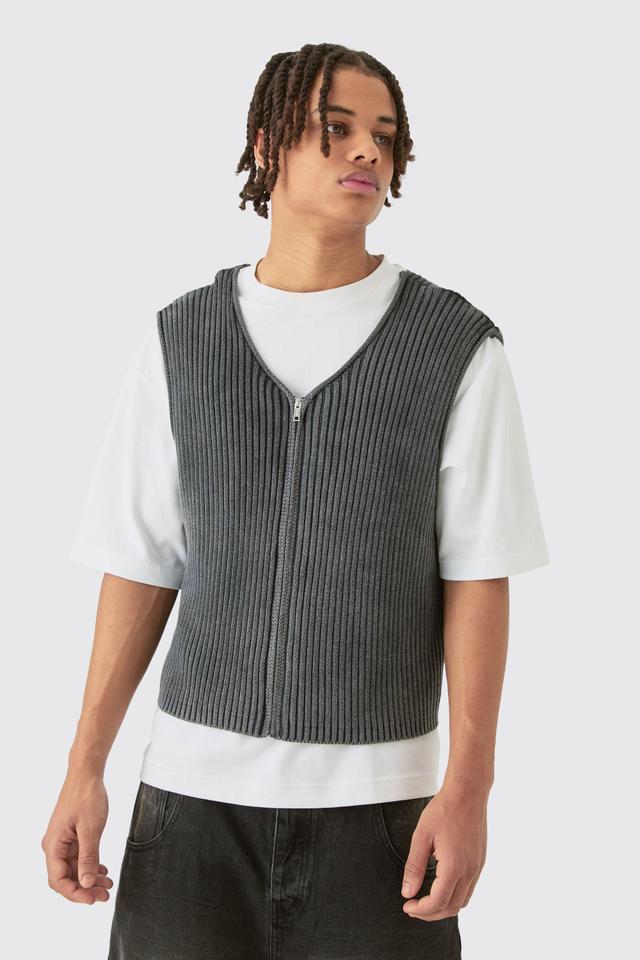 Boxy Acid Wash Ribbed Knit Gilet In Black | boohooMAN USA Product Image