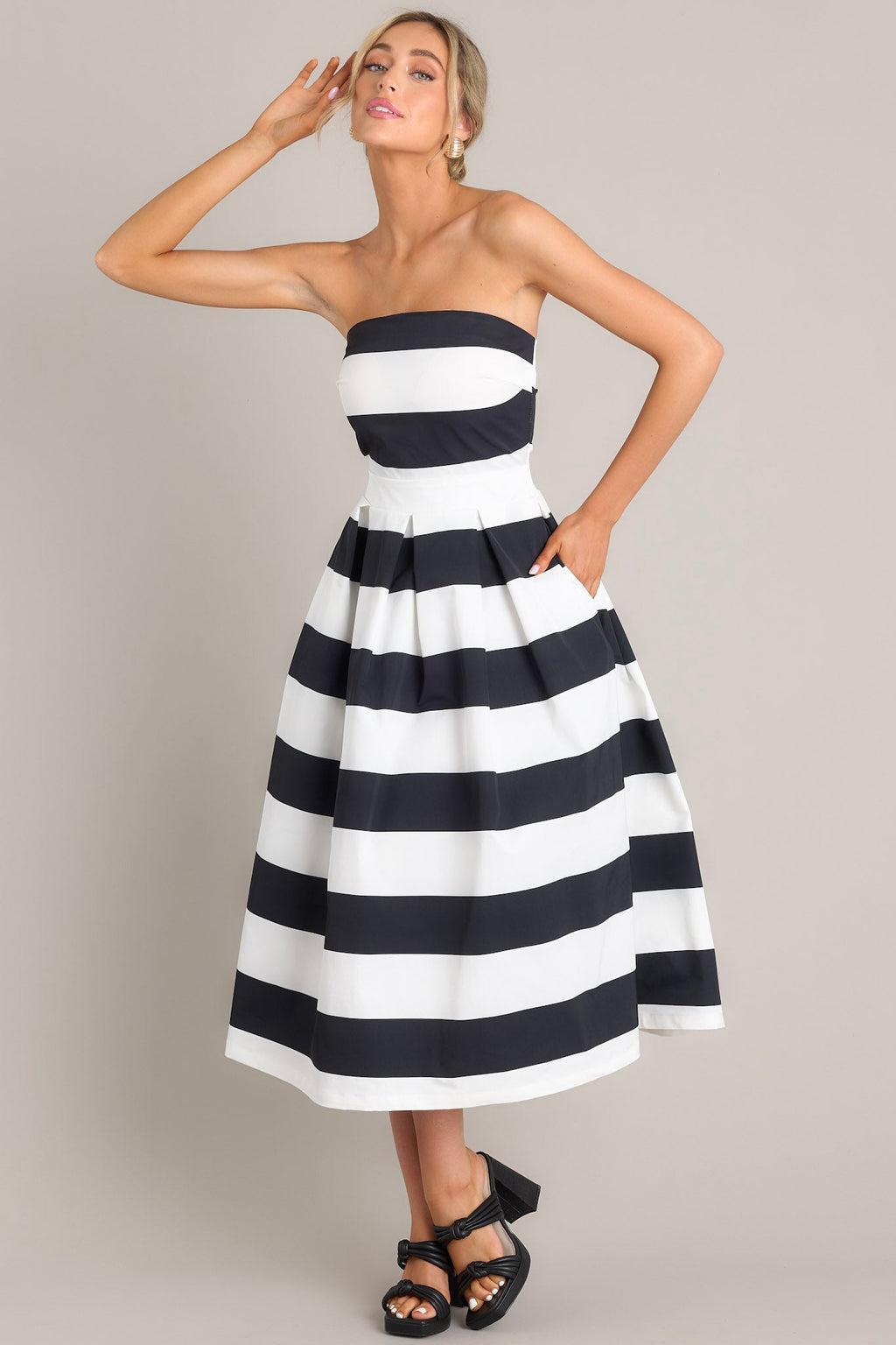 Crisp Contrast Black & White Stripe Strapless Midi Dress Product Image