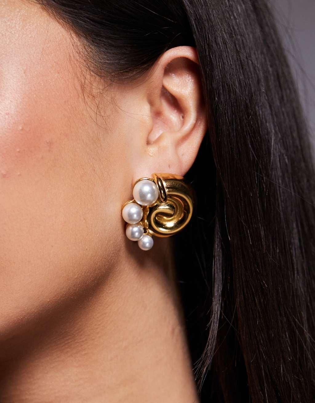 8 Other Reasons swirl chunky earrings with pearl detail in 18k gold plated Product Image