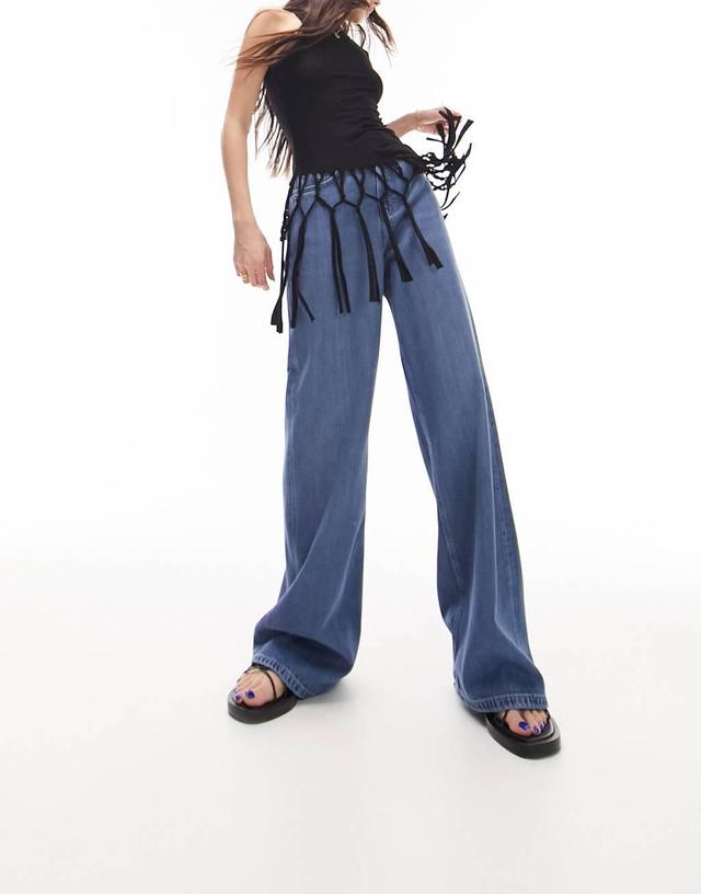 Topshop loose wide leg jeans in mid blue Product Image