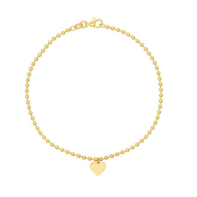 14k Gold 2 mm Heart Charm Beaded Chain Bracelet, Womens Product Image