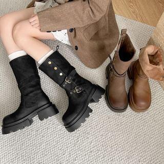 Faux Leather Platform Buckled Mid Calf Boots Product Image