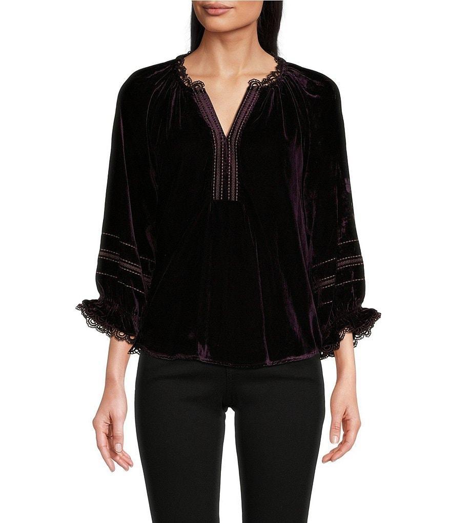 Democracy Embroidered Woven Split V-Neck 3/4 Blouson Sleeve Ruffled Edge Detail Top Product Image