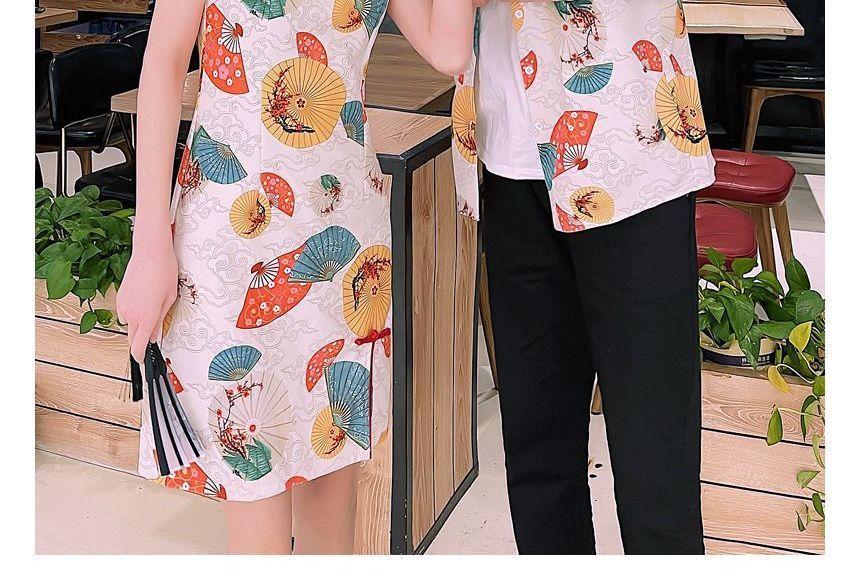 Couple Matching Short-Sleeve Fan Print Mini Qipao / Shirt / Plain Straight Leg Pants / Set Product Image