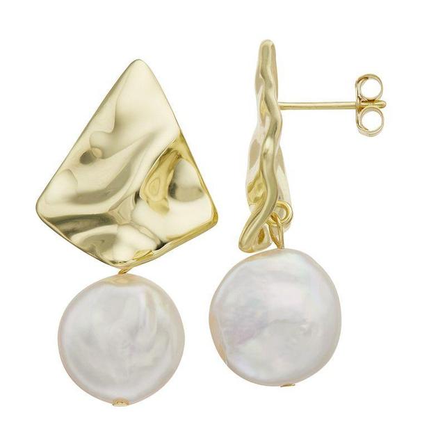 14k Gold-Plated Silver with Cultured Freshwater Pearl Rippled 3D Double Dangle Earrings, Womens, Yellow Product Image