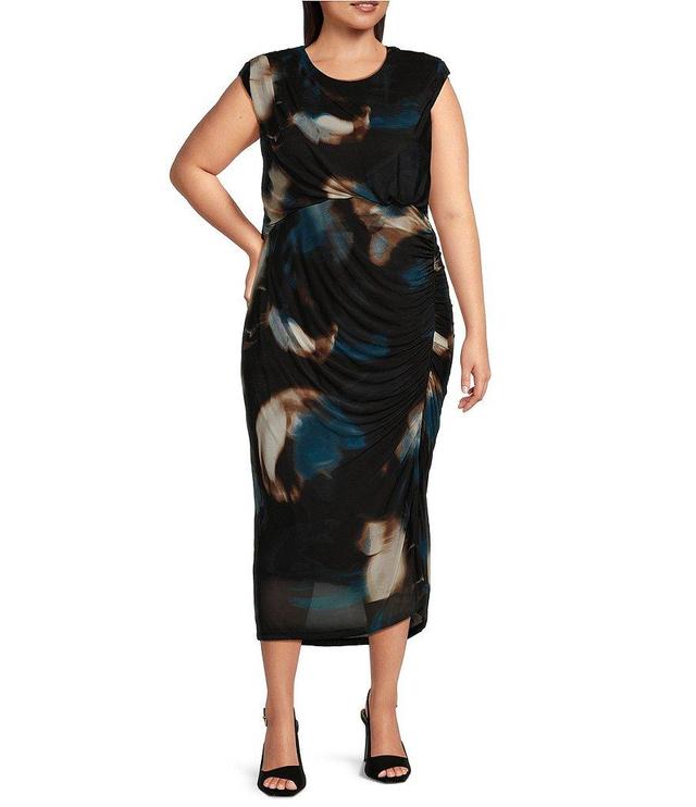 DKNY Plus Size Printed Knit Round Neck Sleeveless Sheath Dress Product Image