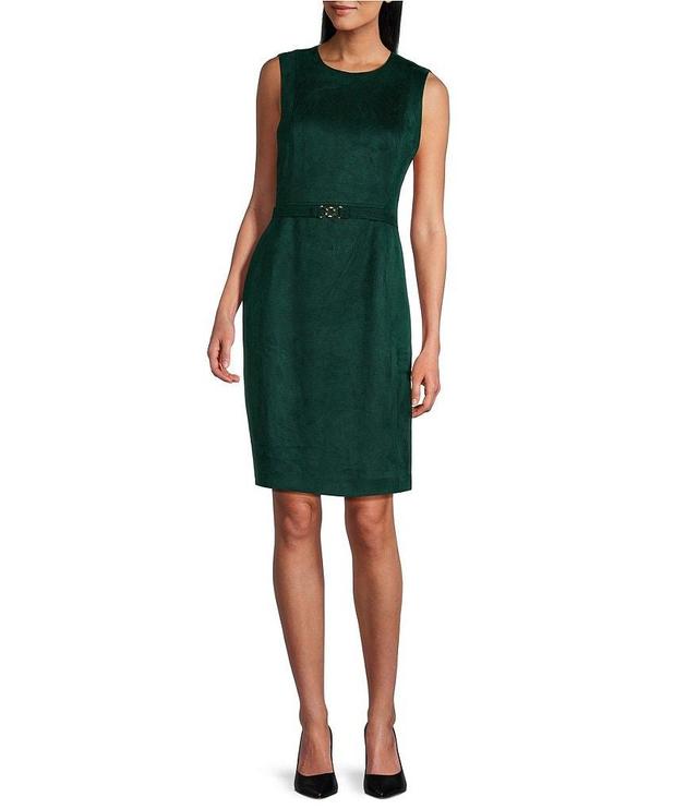 Kasper Faux Suede Crew Neck Sleeveless Belted Sheath Dress Product Image