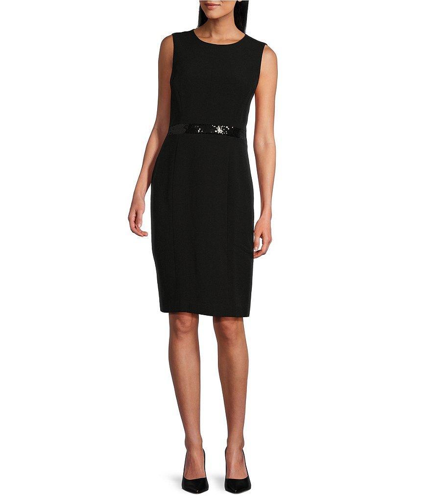 Kasper Sequin Trim Sheath Crew Neck Sleeveless Dress Product Image