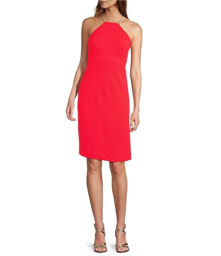 Trina Turk Sora Crepe Knit Halter Neck Sleeveless Sheath Dress Product Image