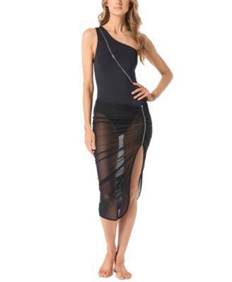 Michael Michael Kors Womens Zip Front One Shoulder One Piece Swimsuit Sheer Zipper Cover Up Skirt Product Image