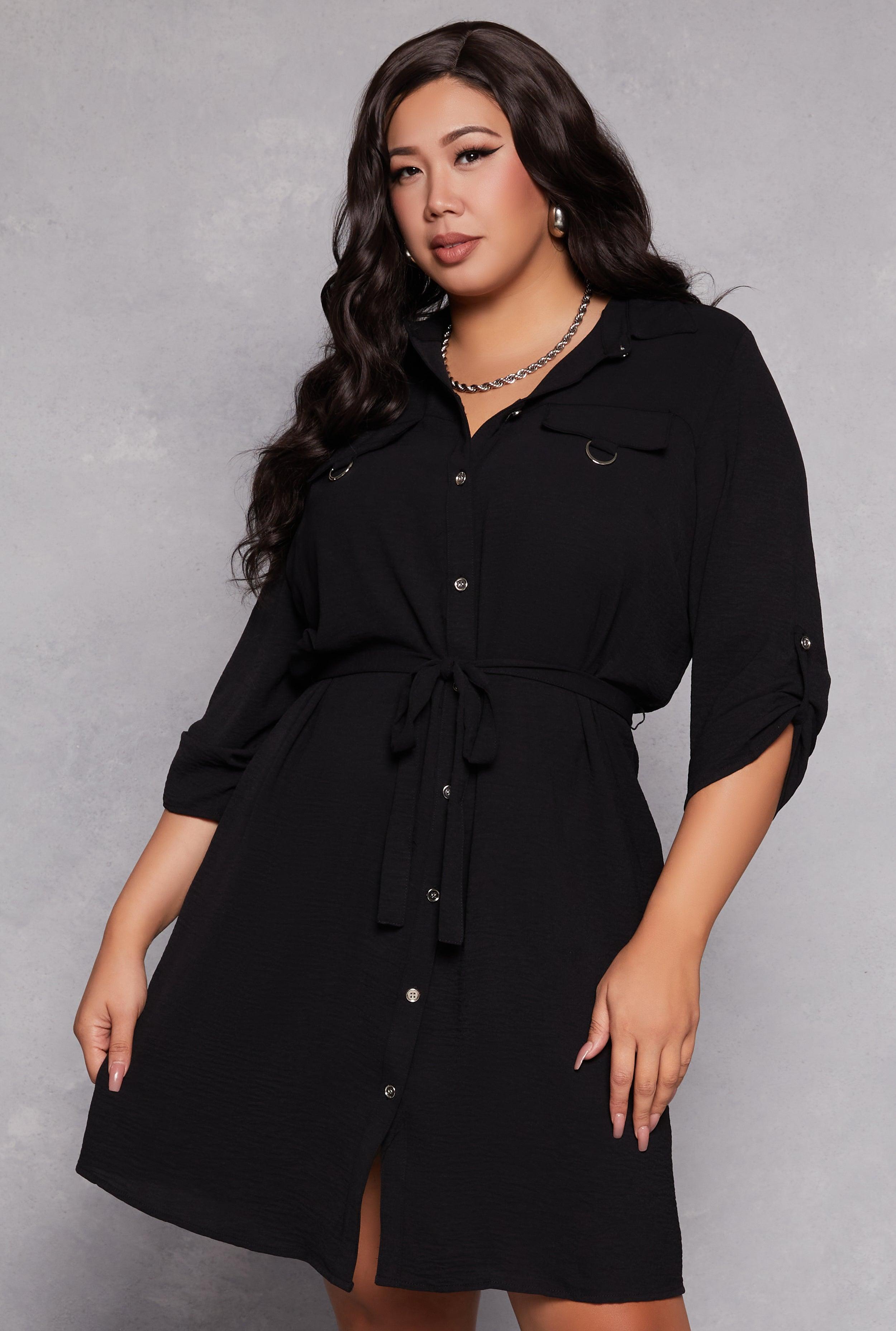 Womens Plus Size Crepe Knit Tie Waist Shirt Dress Product Image