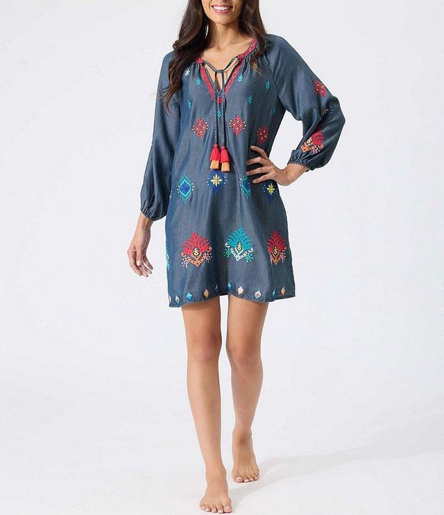 Tommy Bahama Chambray Ikat Embroidery Split V-Neck Swim Cover-Up Tunic Product Image