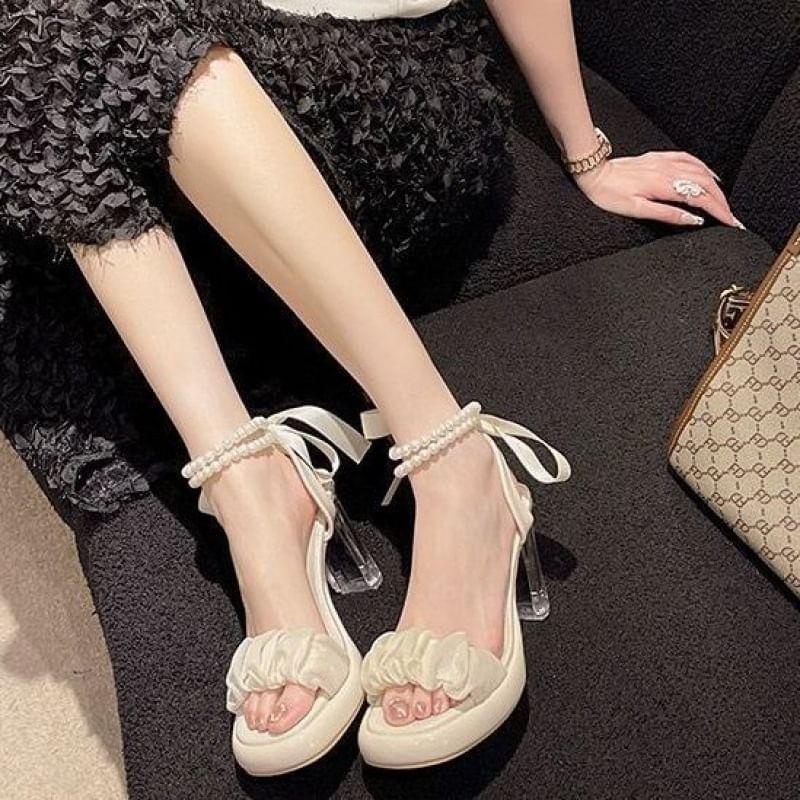 Ankle Strap Ruched Bow Faux Pearl Chunky Heel Sandals Product Image