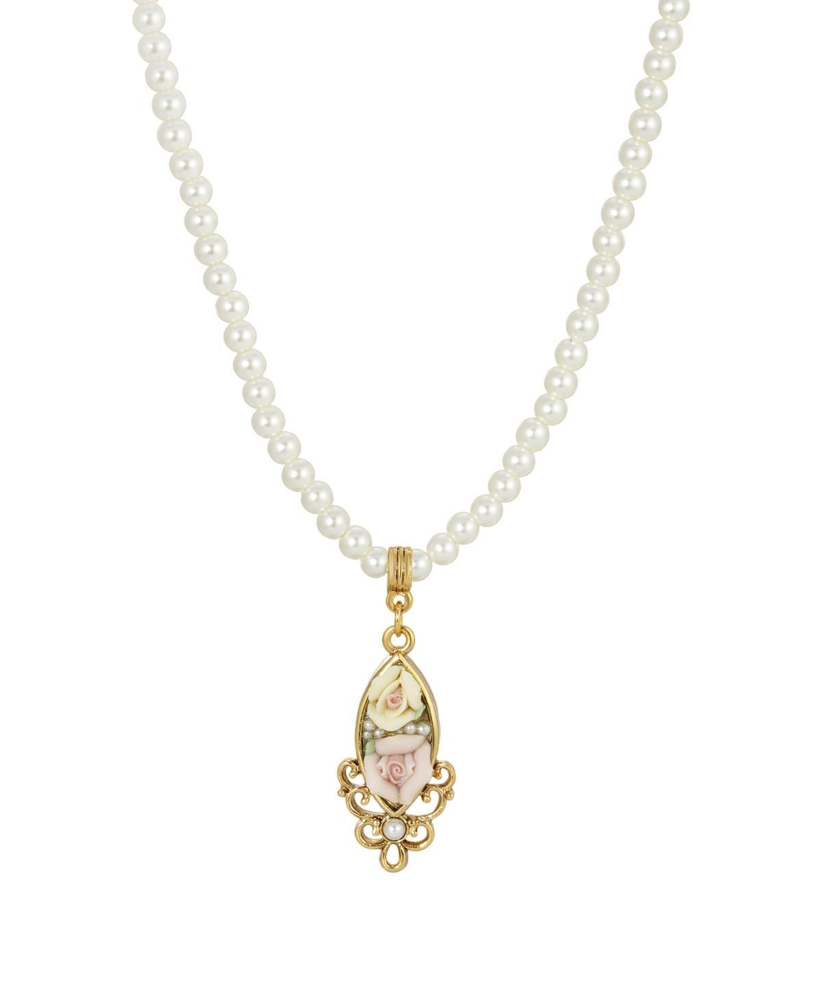 1928 Gold Tone & Simulated Pearl Porcelain Rose Pendant Necklace, Womens, White Product Image