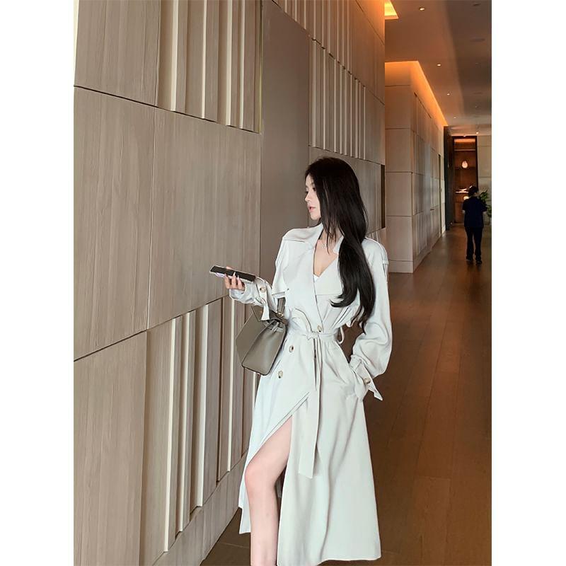 Lapel Collar Plain Double-Breasted Long Trench Coat Product Image