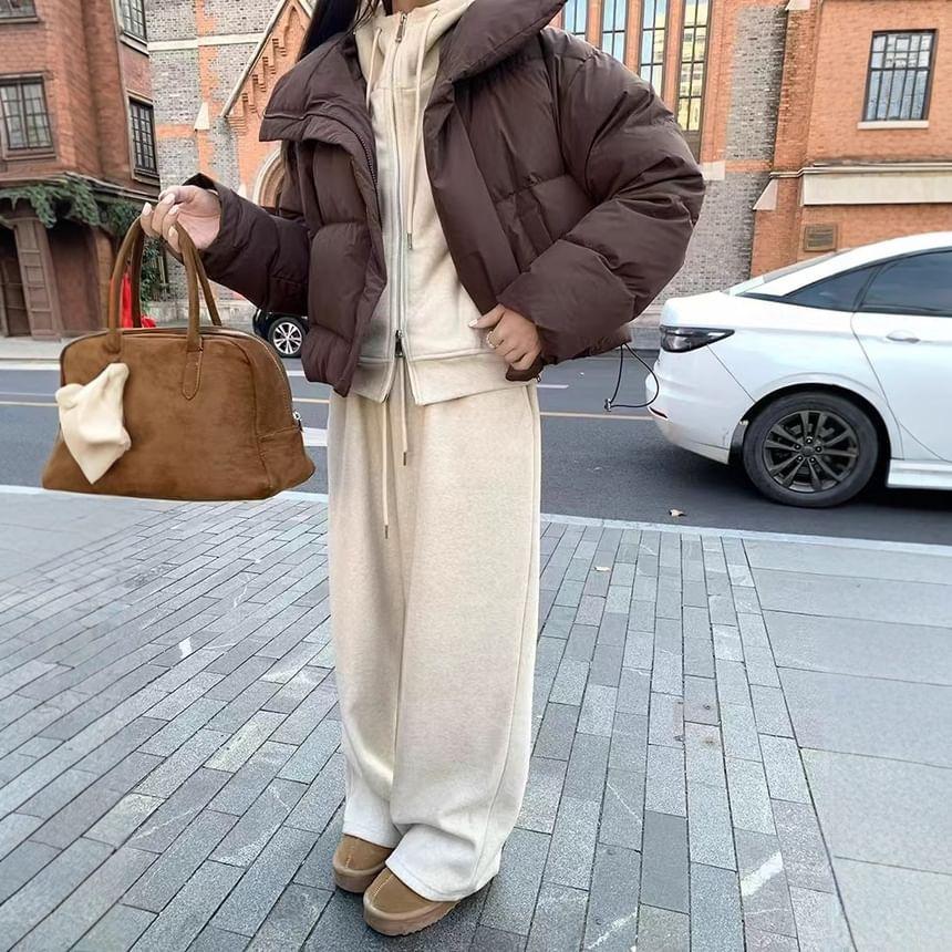 Zip-Up Plain Hoodie / High Waist Wide Leg Sweatpants Product Image