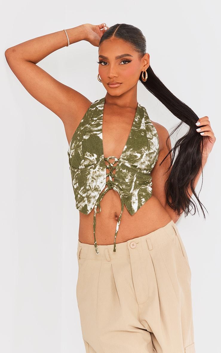 Khaki Washed Twill Lace Up Plunge Halterneck Top Product Image