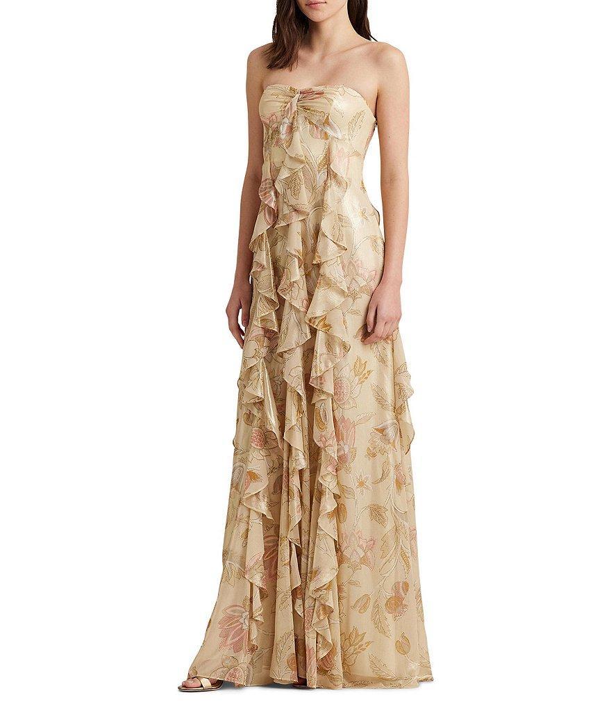 Lauren Ralph Lauren Floral Metallic Chiffon Sweetheart Neck Strapless Ruffled Gown Product Image