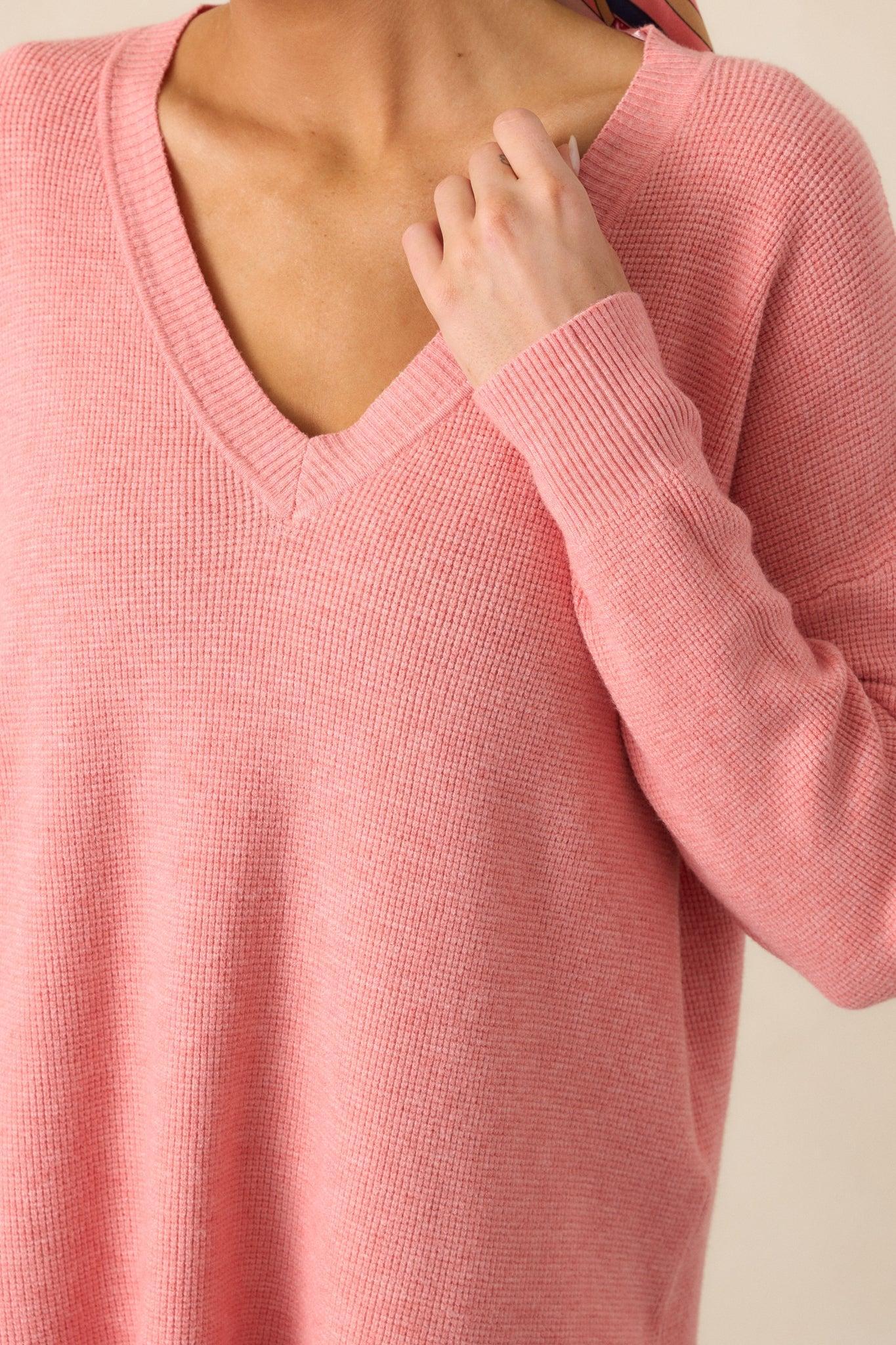 Cozy Afternoon Rose Pink V-Neck Sweater Product Image