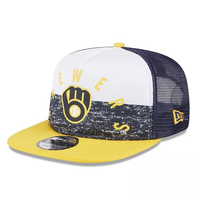 Mens New Era White/Gold Milwaukee Brewers Team Foam Front A-Frame Trucker 9FIFTY Snapback Hat Product Image