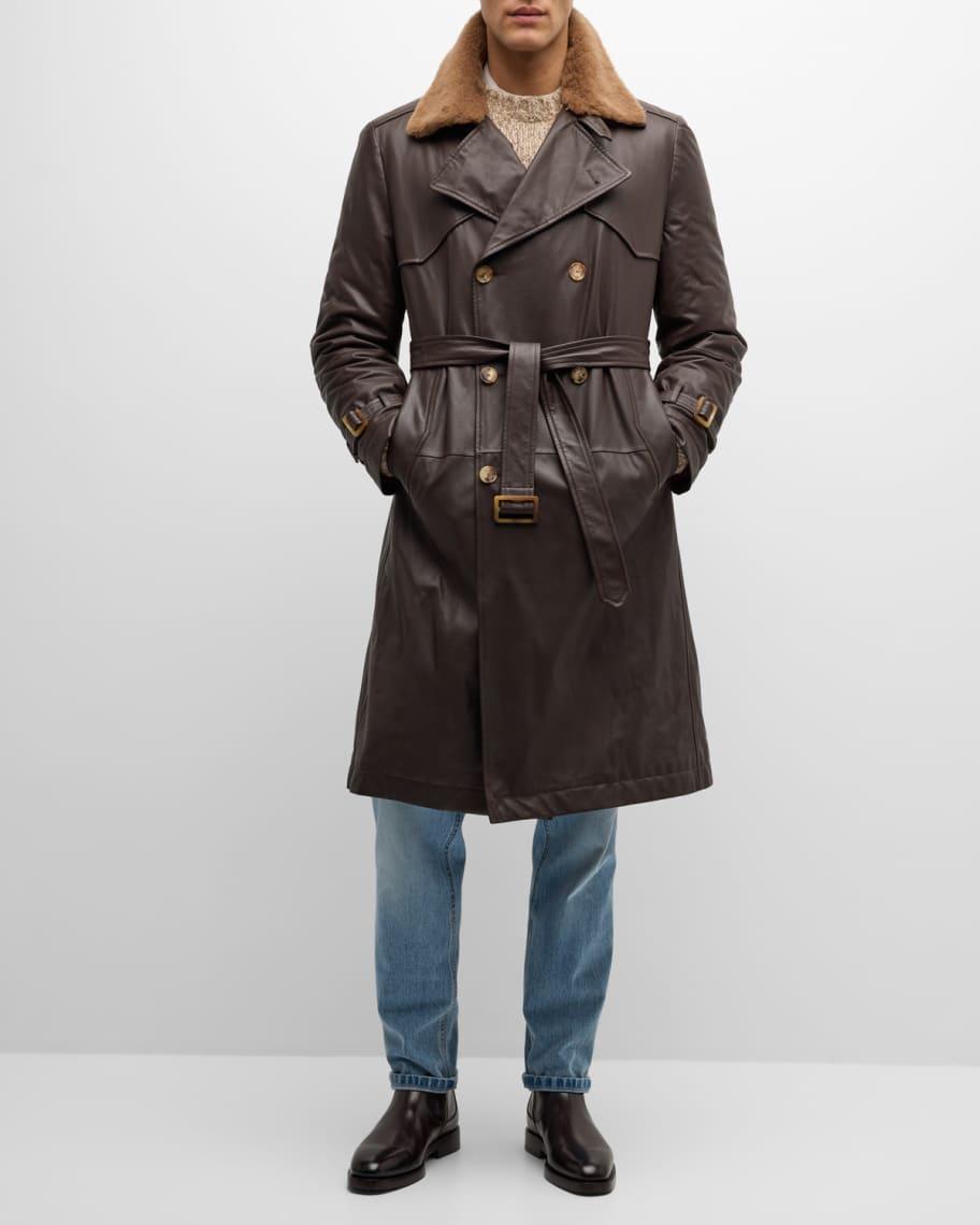 Men's Leather Shearling-Collar Trench Coat Product Image