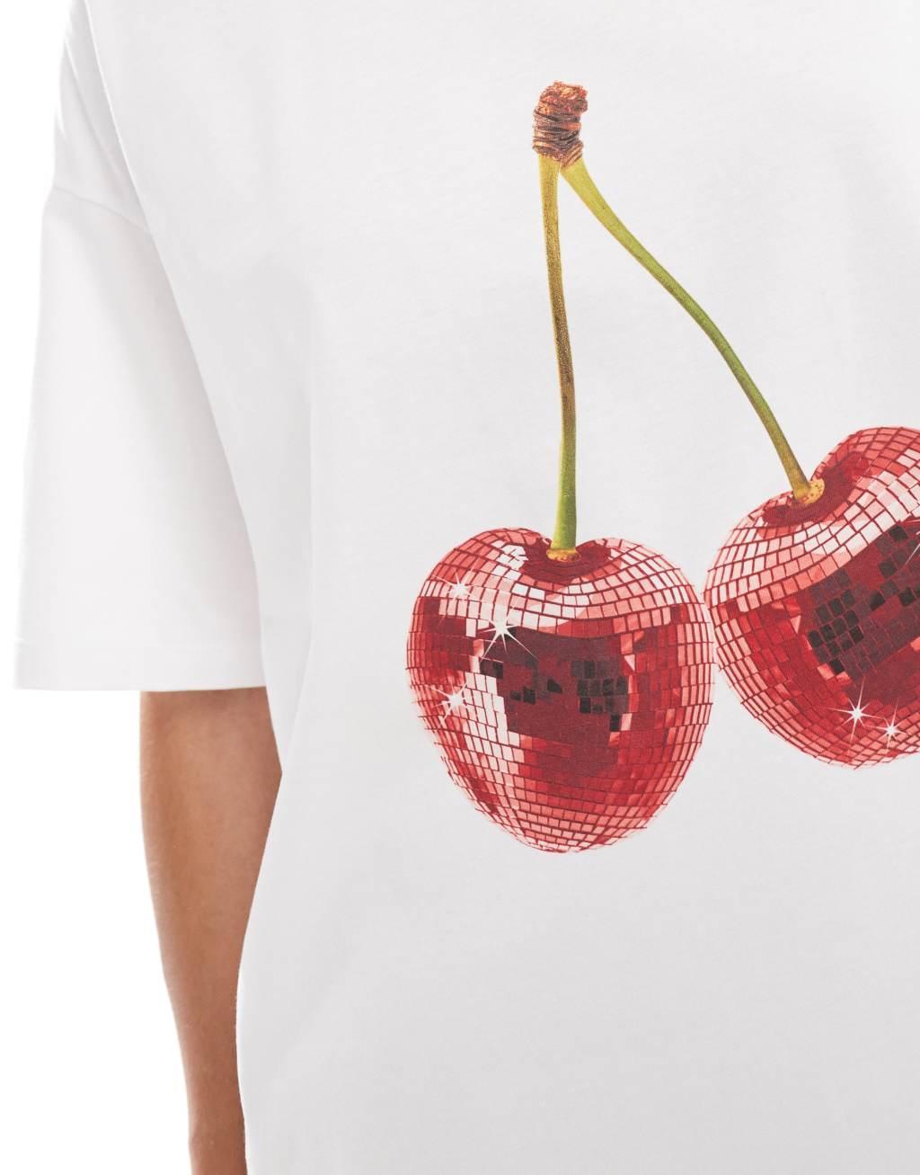 ASOS DESIGN oversized t-shirt with disco cherry graphic in ivory Product Image