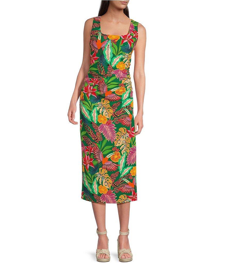 Gibson & Latimer Printed Sleeveless Square Neck Ruched Side Knit Midi Sheath Dress Product Image