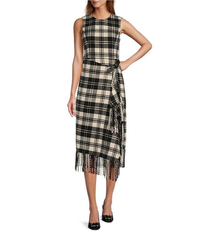 Antonio Melani Tula Plaid Print Crew Neck Sleeveless Belted Wrap Front Fringe Hem Midi Sheath Dress Product Image