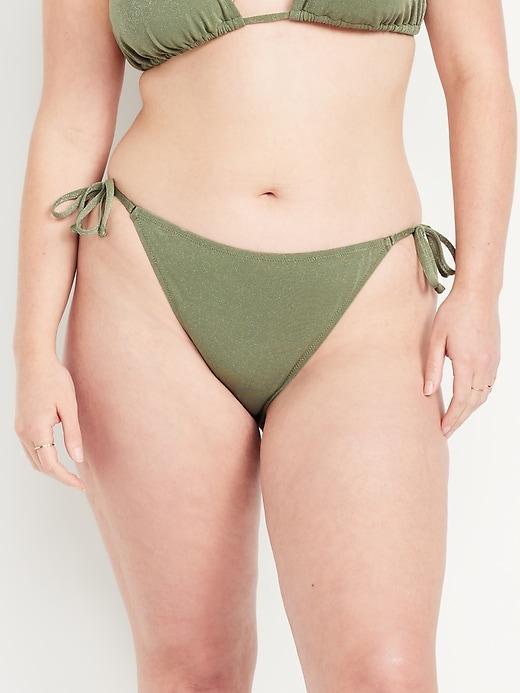 Mid-Rise Side-Tie Shine String Bikini Swim Bottoms Product Image