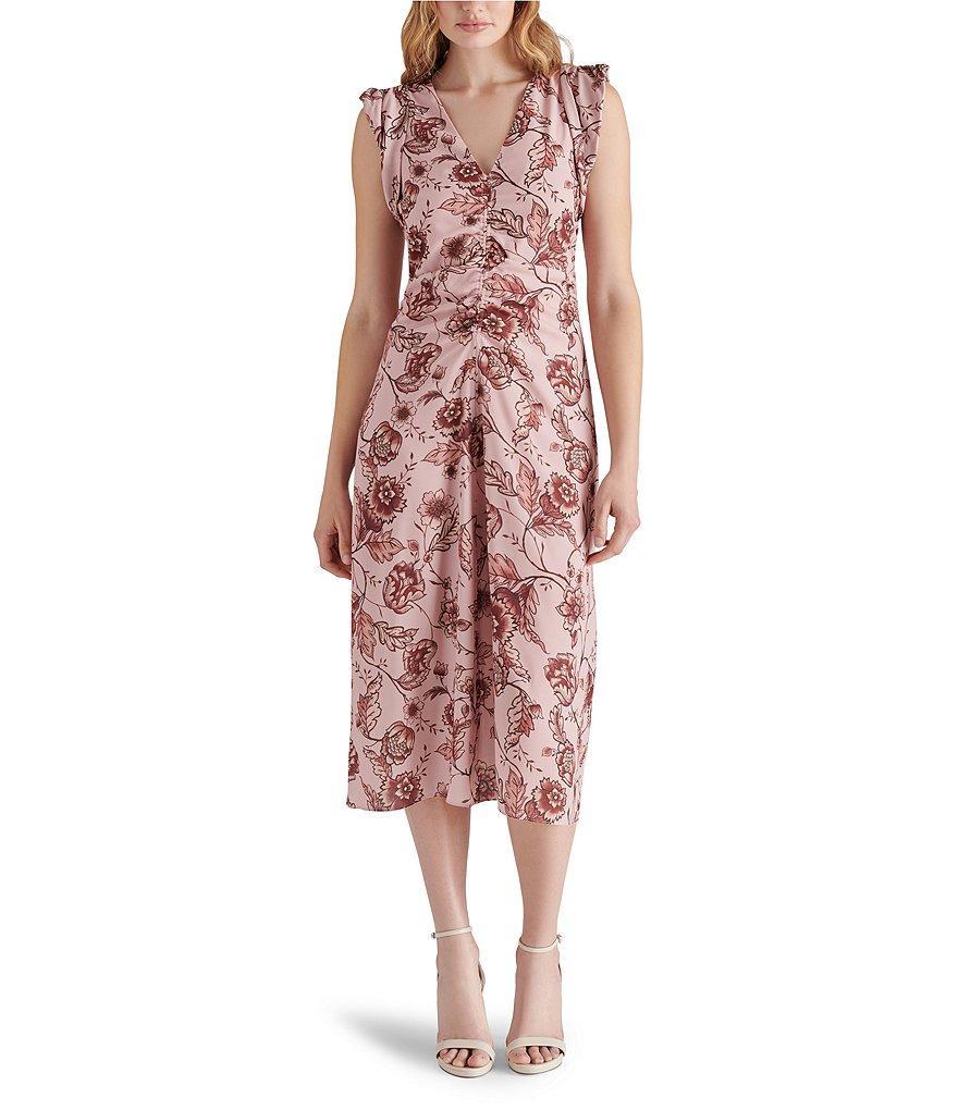 Steve Madden Honey Floral Print V Neck Sleeveless Ruched Midi Dress Product Image