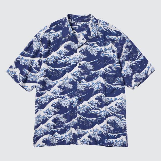 Mens Printed Open Collar Short-Sleeve Shirt (Hokusai) Blue XS UNIQLO US Product Image