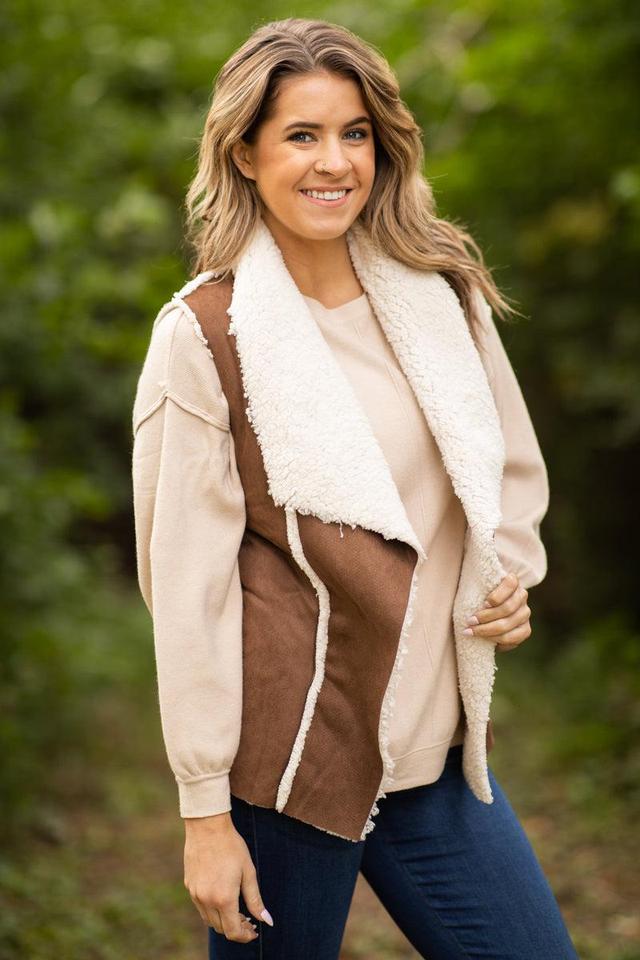 Brown Faux Suede Sherpa Lined Vest Product Image